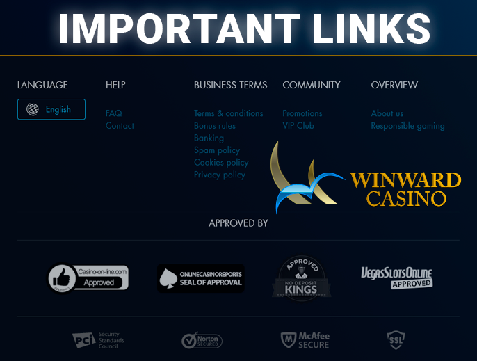 The bottom of the Winward Casino website with important links and language selection