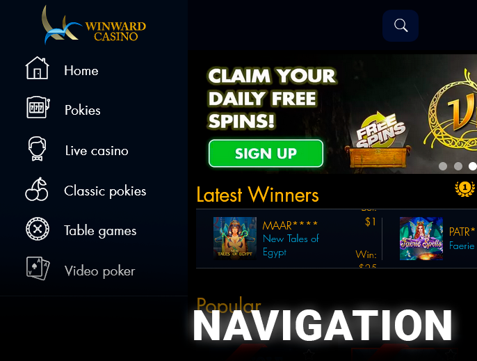 Winward Casino main menu with navigation buttons