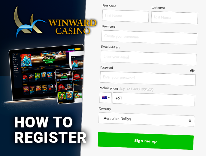 Winward Casino registration form with personal data