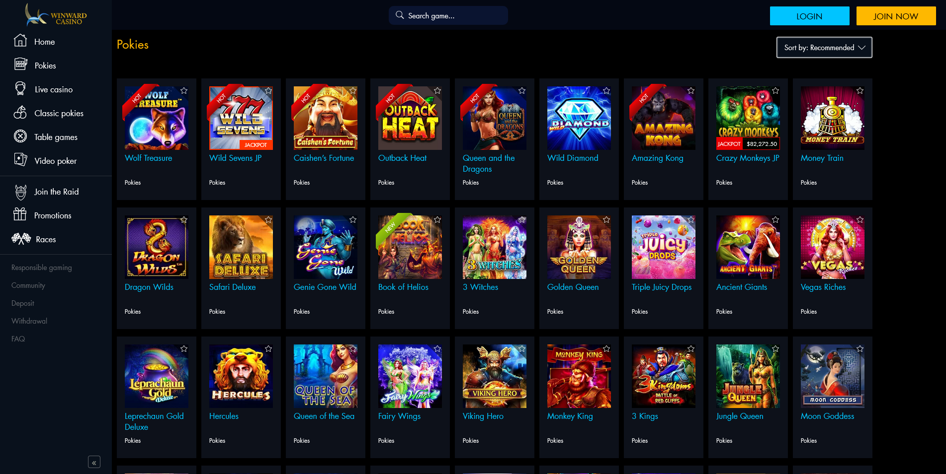 Screenshot of Game Section Page on Winward Casino site