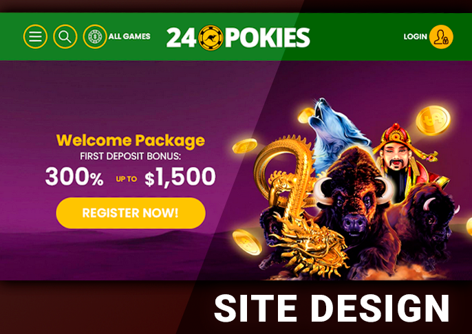 The top menu of the 24 Pokies Casino website and the banner with the registration button