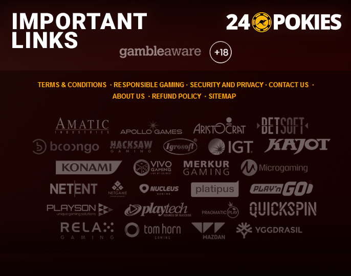 Important links at the bottom of the site 24 Pokies Casino and logos of software providers