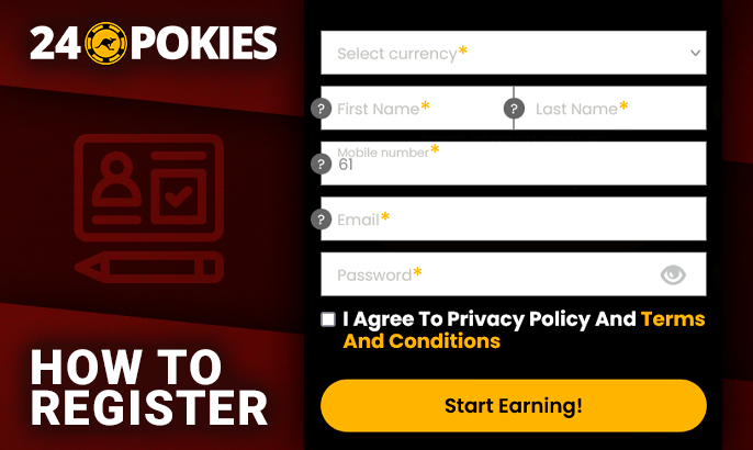 24 Pokies Casino registration form with personal information