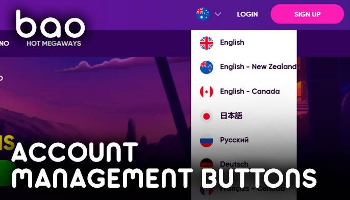 Buttons for registration and authorization at Bao Casino