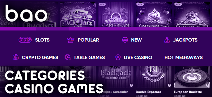 Casino game categories on Bao Casino website - list of gambling games