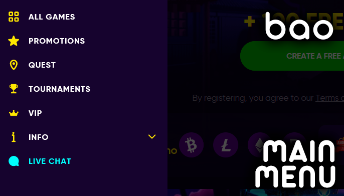 Bao Casino website main menu with navigation