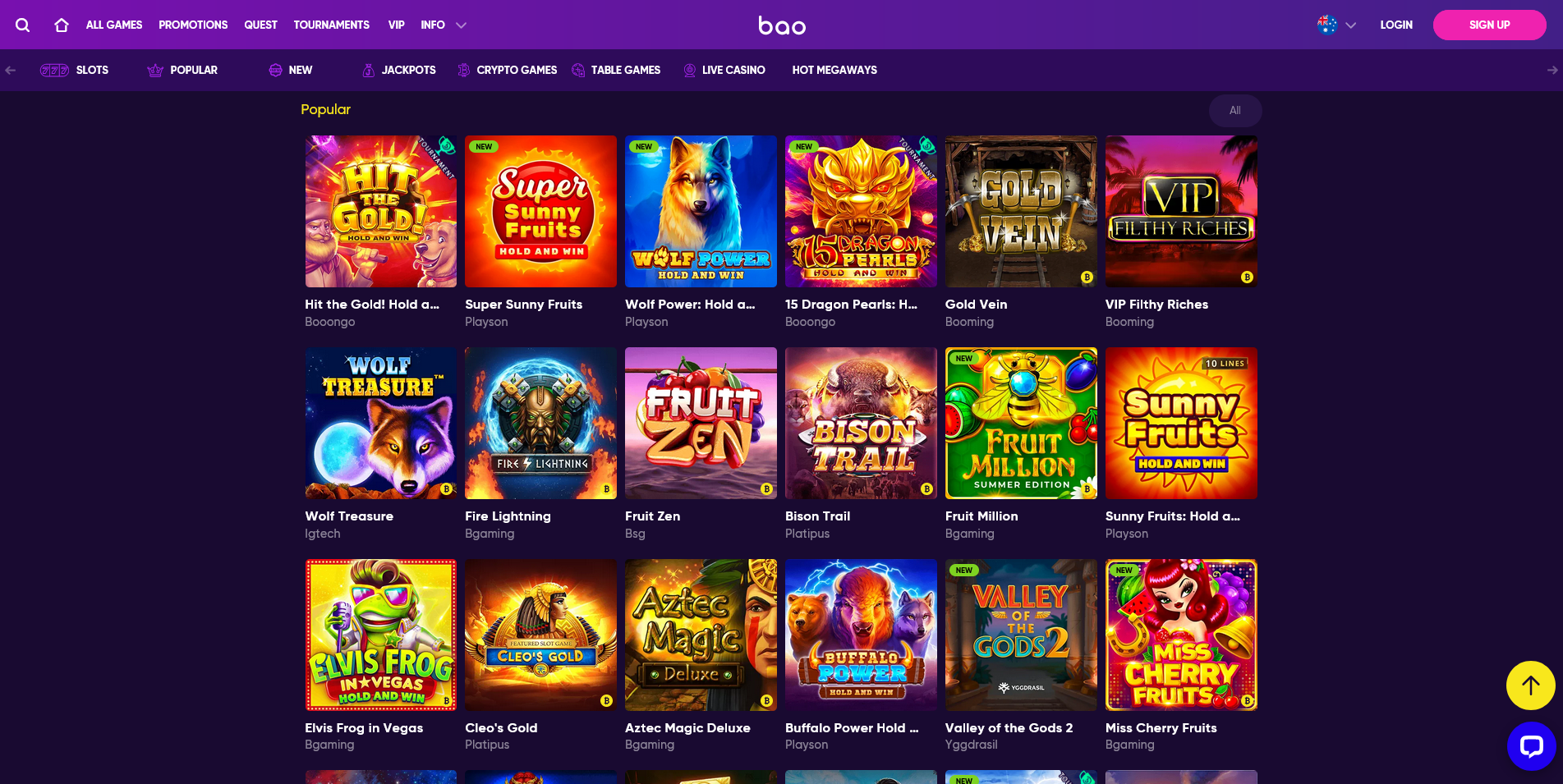Screenshot of the Bao Casino game section