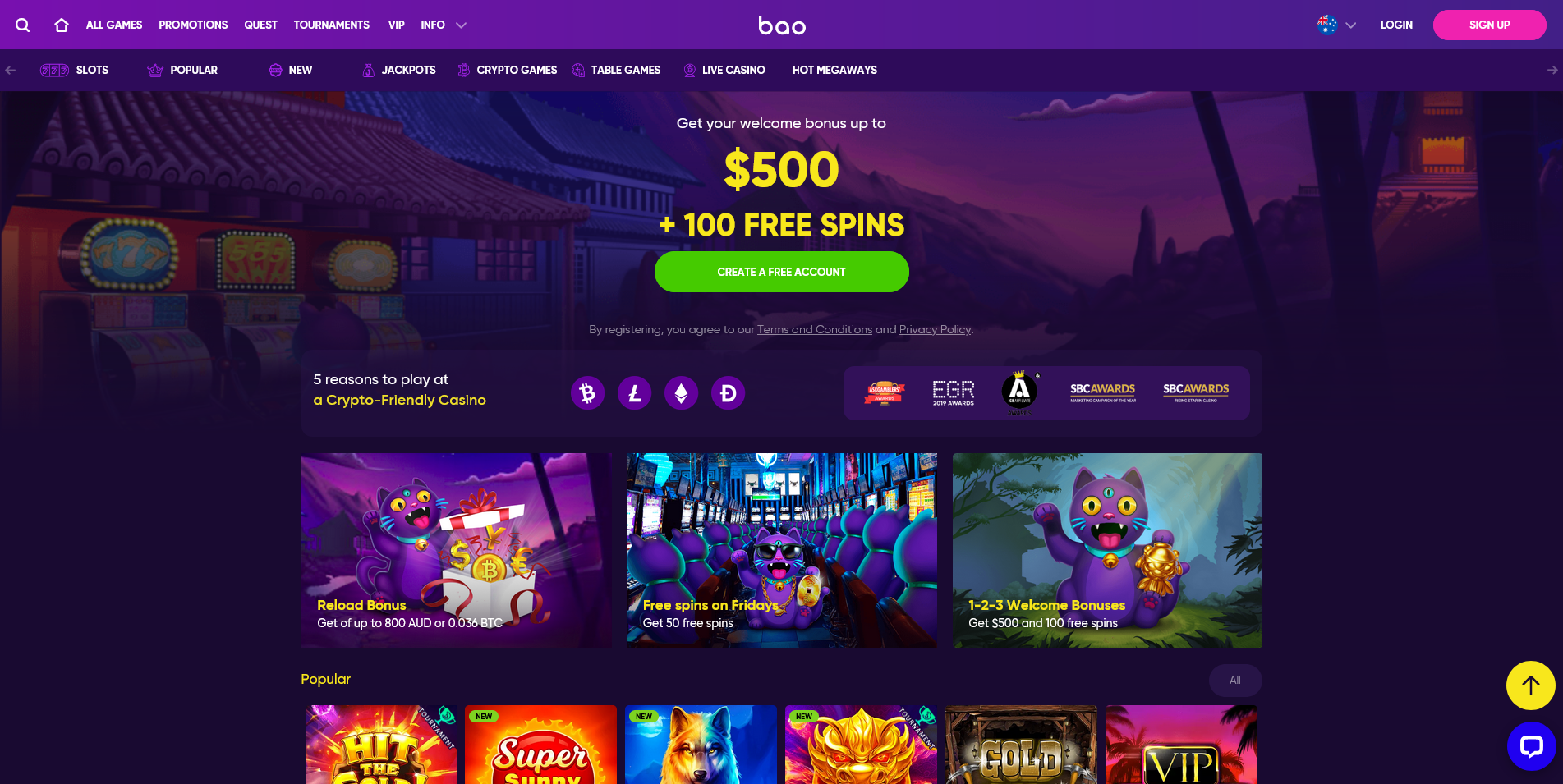 Screenshot of the Bao Casino home page