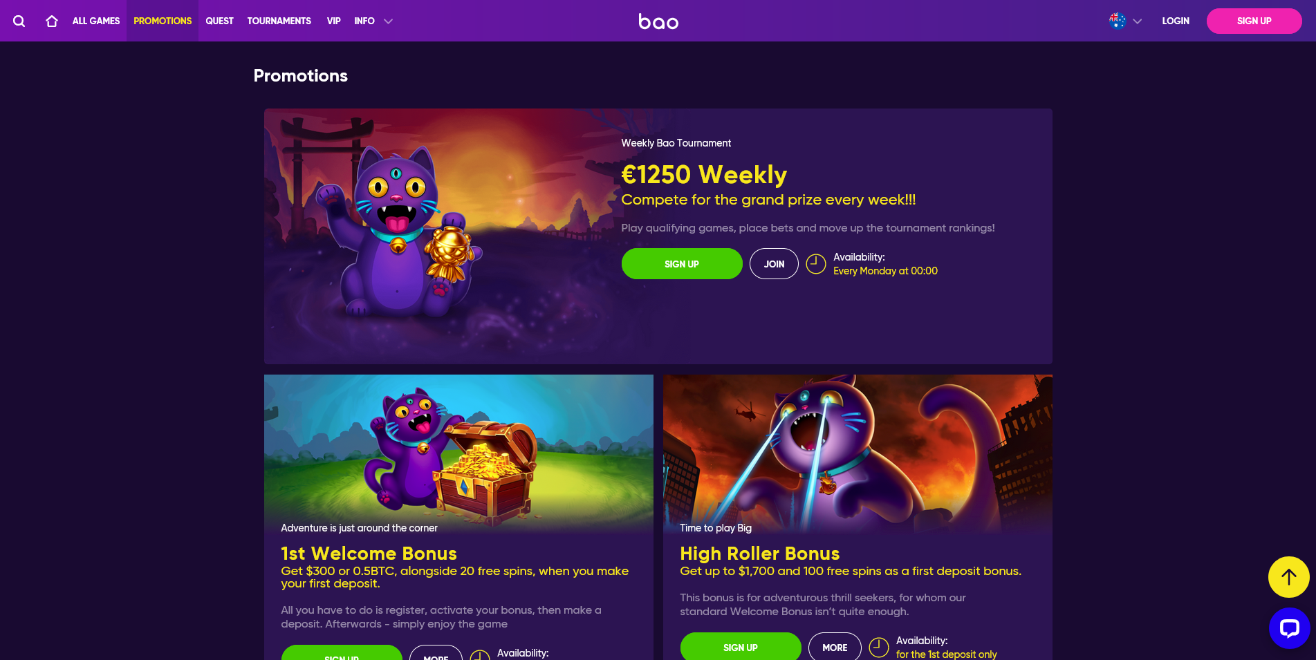 Screenshot of the Bao Casino promotions page