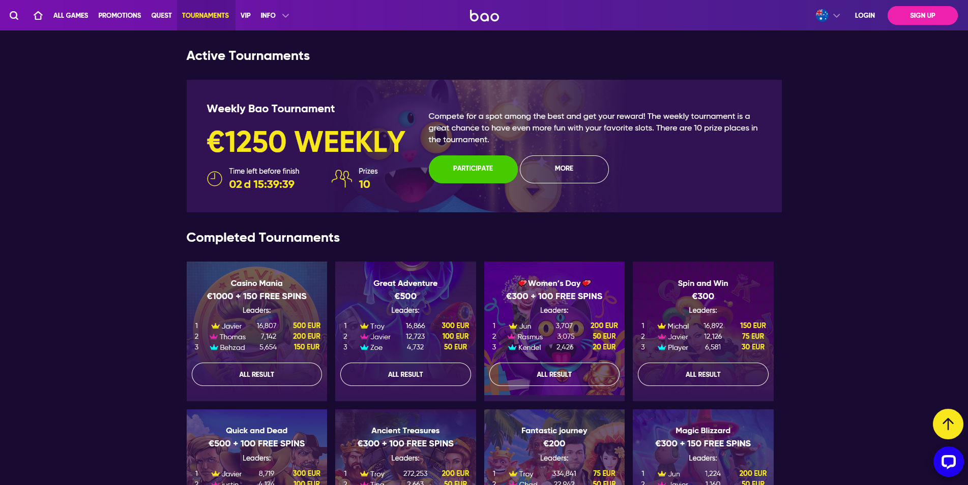 Screenshot of the Bao Casino tournaments page