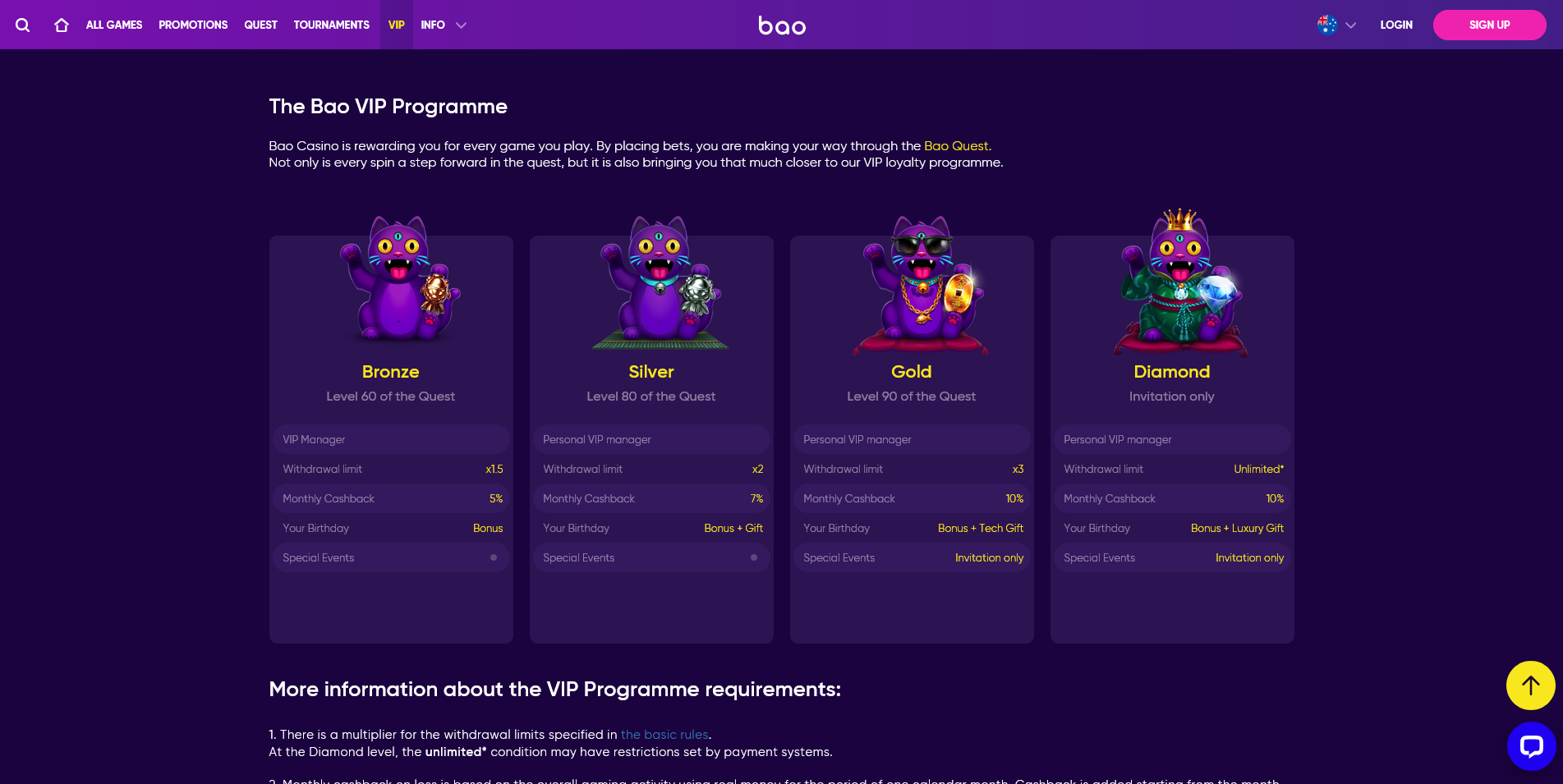Screenshot of the Bao Casino vip info page