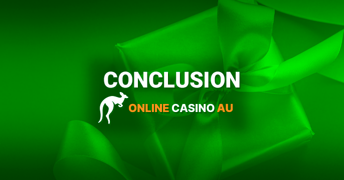 The logo of online-casino Au and the conclusion of the article on the background of a gift with a luxurious ribbon