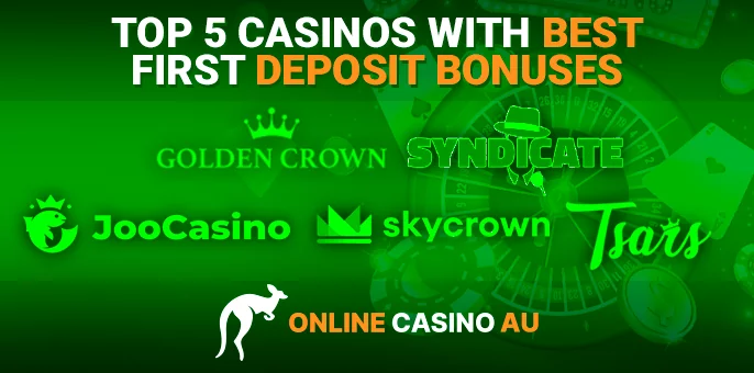 Logos of casinos with big first deposit promotions and online-casinoau logo against the backdrop of a gambling roulette