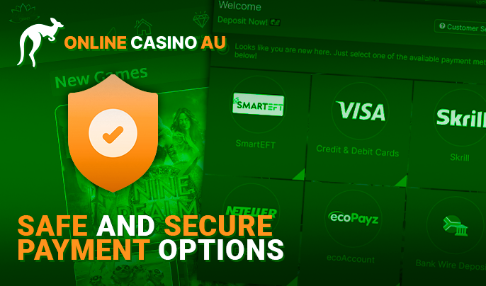 Protected shield icon along with the logo online-casino Au on the background of the casino site and the form of choice of payment system for cash transactions