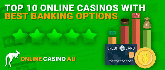 Bank card with payment methods and rate in the background listing the best casinos from online-casinoau