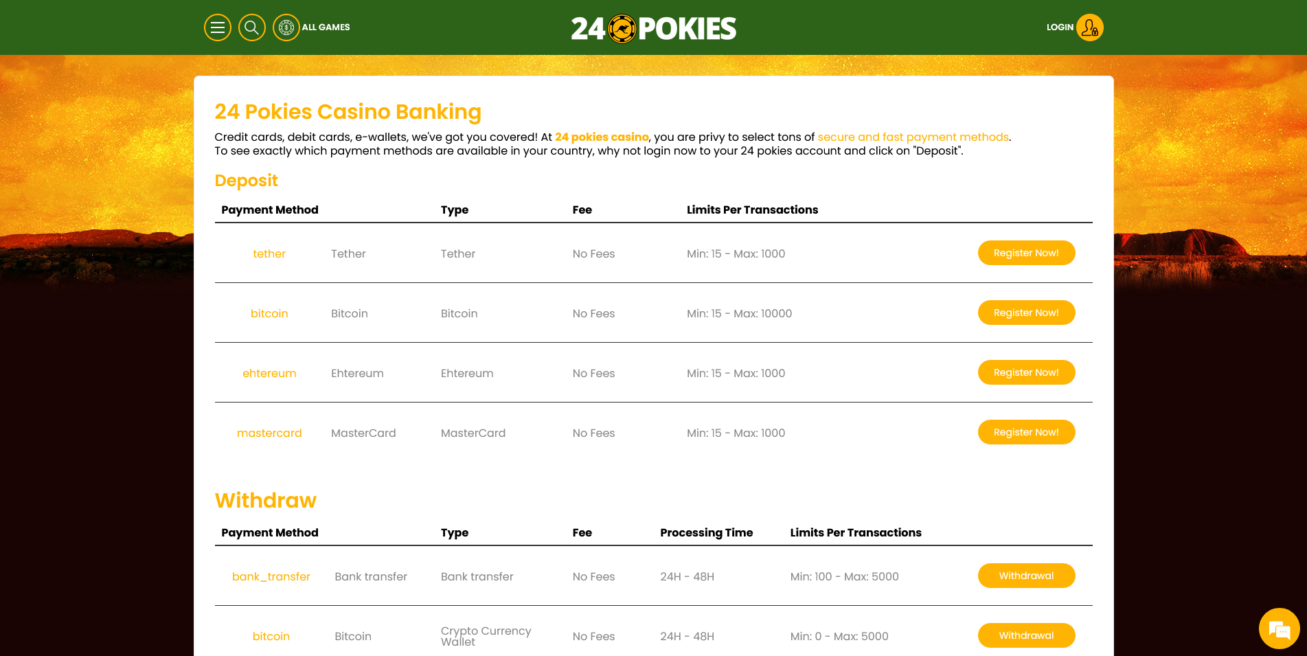 Screenshot of Banking page on 24 Pokies Casino site