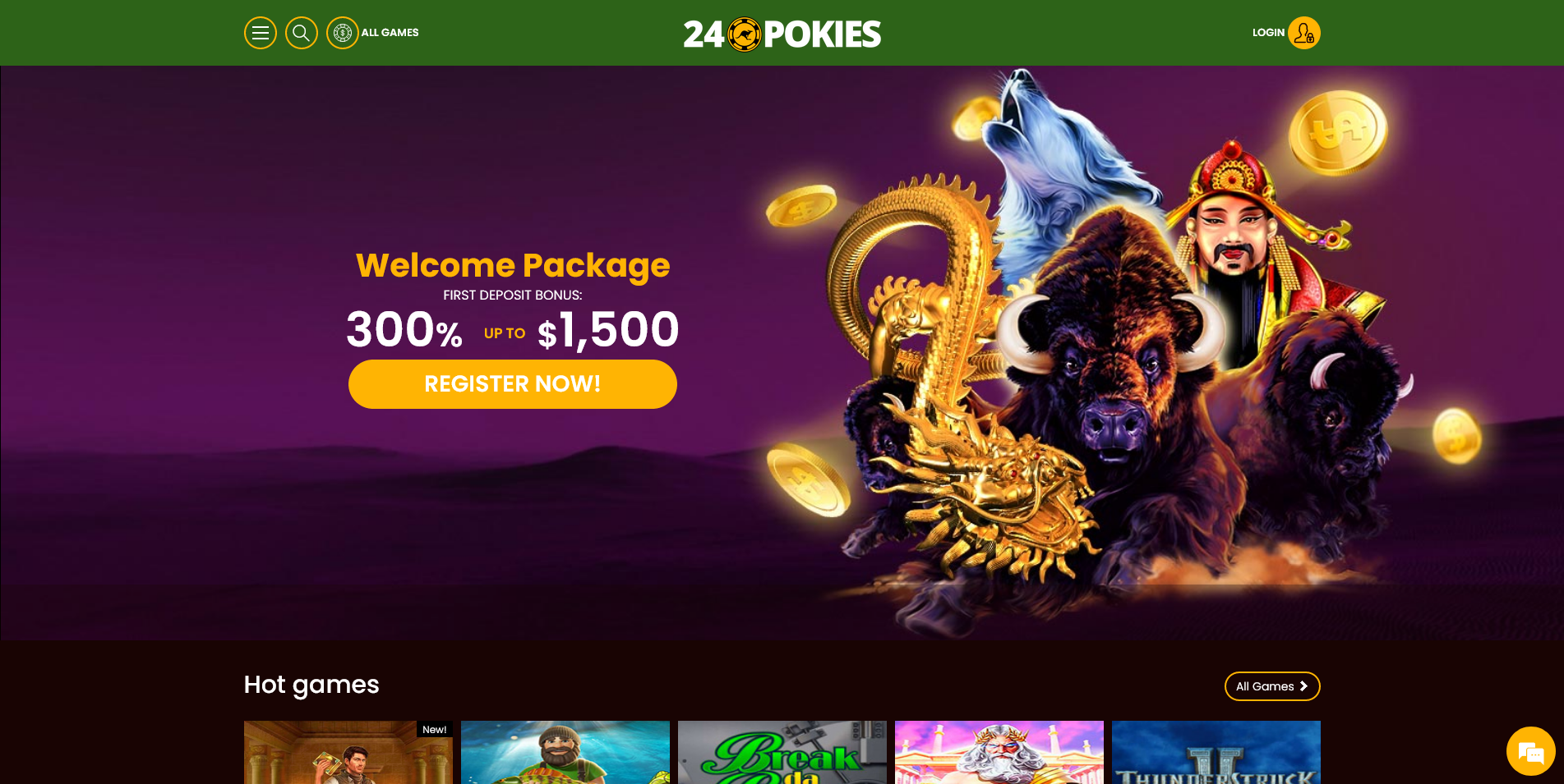 Screenshot of main Page on 24 Pokies Casino site