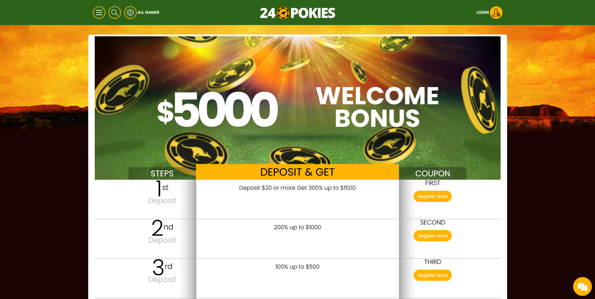 Screenshot of Promotions and Bonuses page on 24 Pokies Casino site