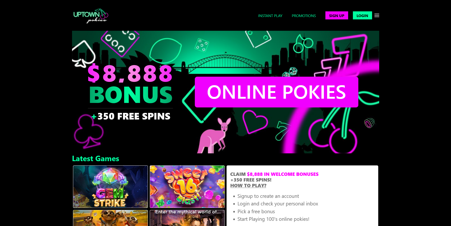 Screenshot of main page on Uptown Pokies Casino site