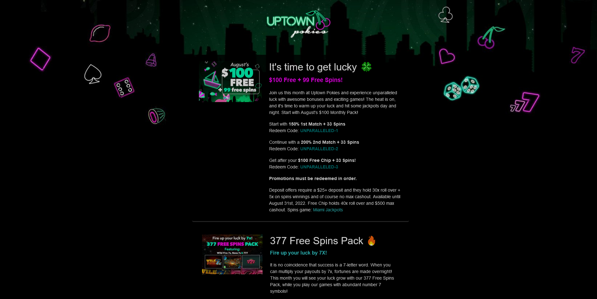 Screenshot of Promotions Page on Uptown Pokies Casino site