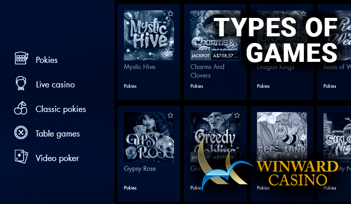 Side menu of winward casino site with categories of gambling games and pokies section