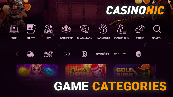 Casino game categories on Casinonic and search button