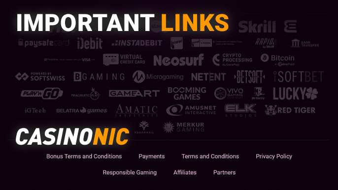 The bottom of the site Casinonic with important links and logos casino providers