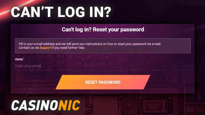 Casinonic password recovery form with email
