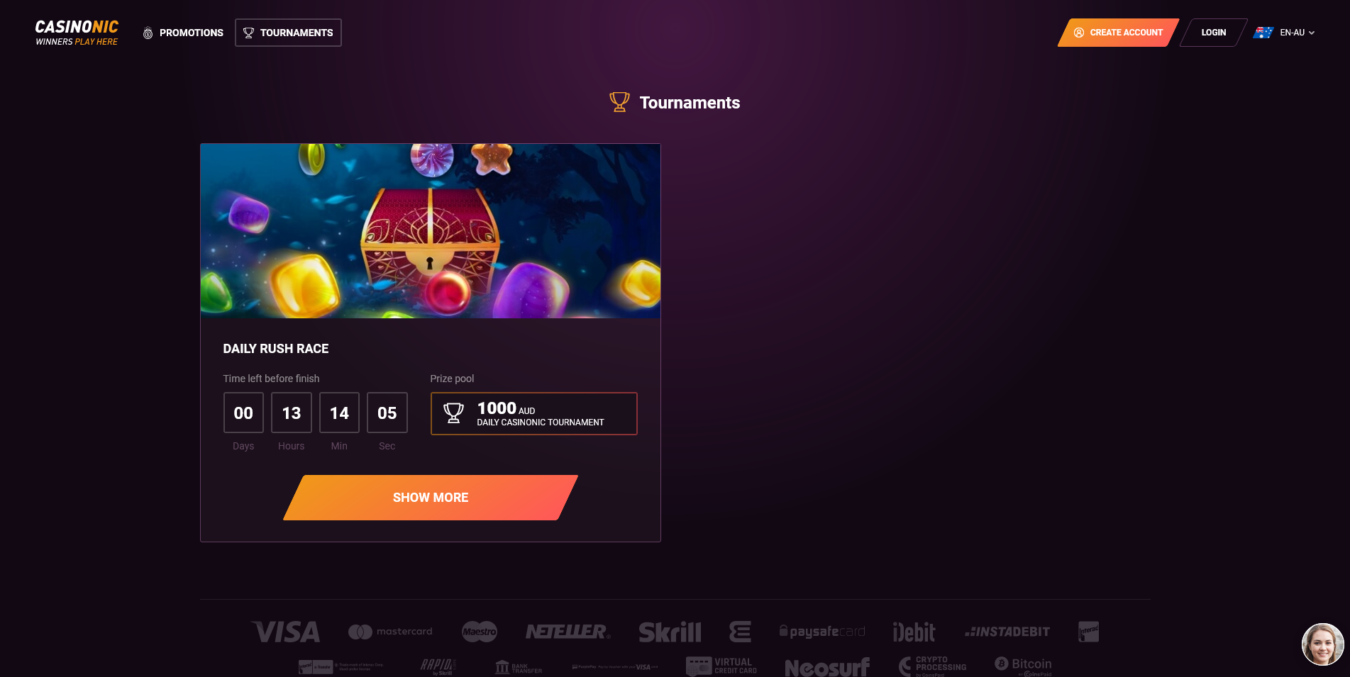 Screenshot of the Casinonic Tournaments Page