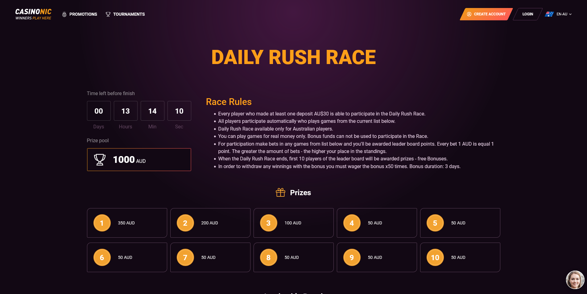 Screenshot of the Casinonic Tournaments Info Page