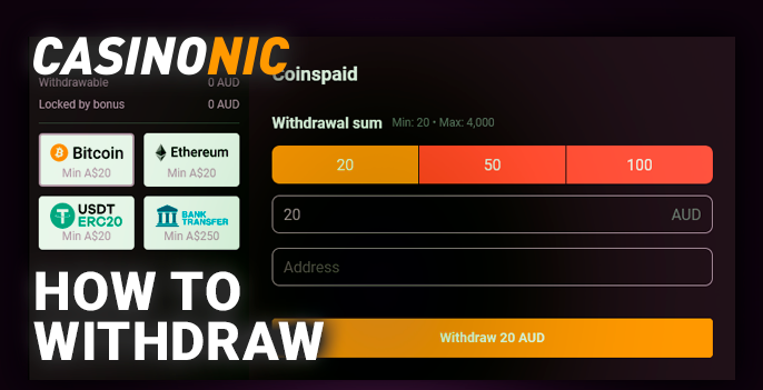 Withdrawal form at Casinonic - how players from Australia withdraw money