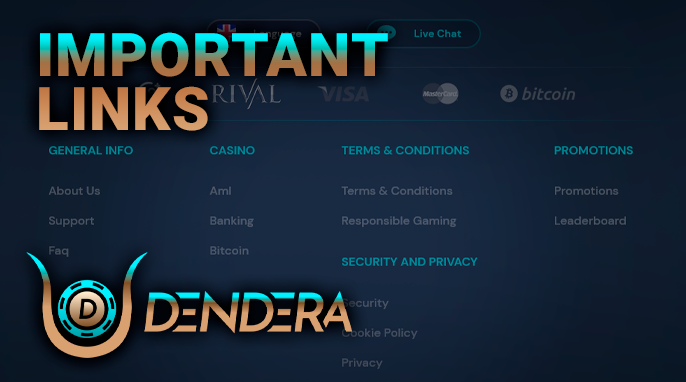Important links in the footer of the site Dendera Casino with the logos of payment systems