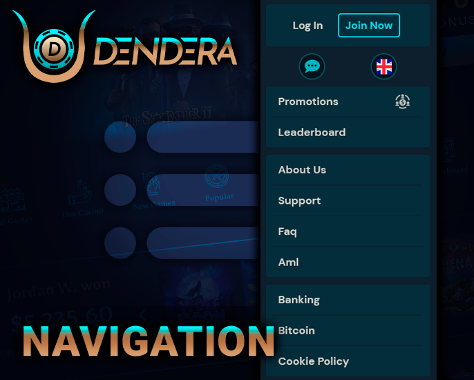 Main menu of Dendera Casino site with navigation links and registration button