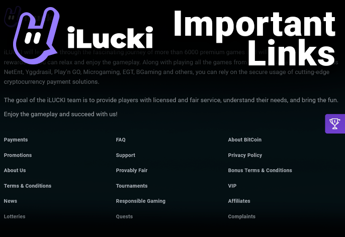 iLucki Casino website footer with important links