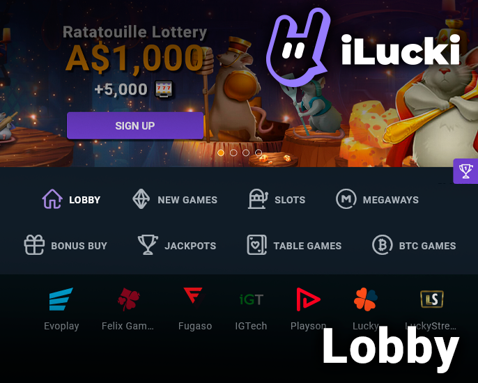 Gambling section at iLucki Casino with categories and promo banner