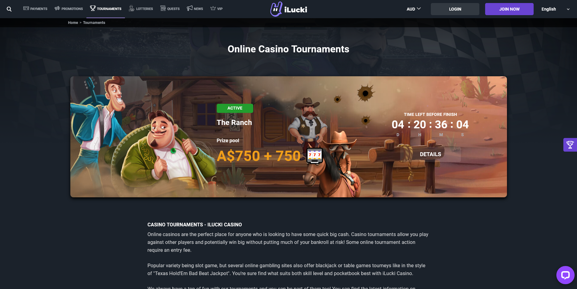 Screenshot of the iLucki Casino tournaments page