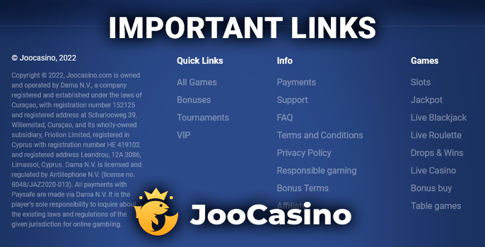 The bottom of the Joo Casino website with important navigation links