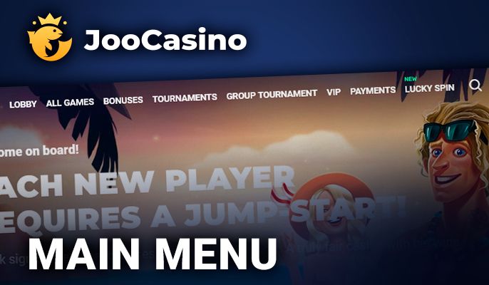 The main menu on the site Joo Casino - navigation