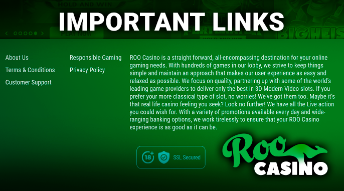 The bottom of the Roo Casino website with important links and information