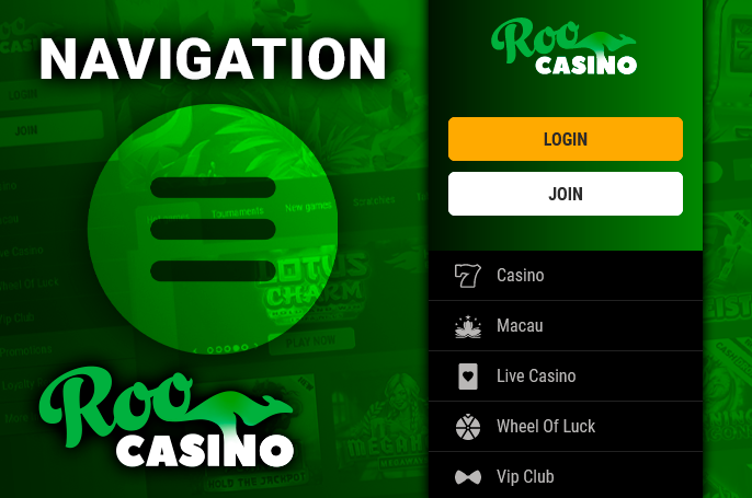 Roo Casino site navigation with menu elements