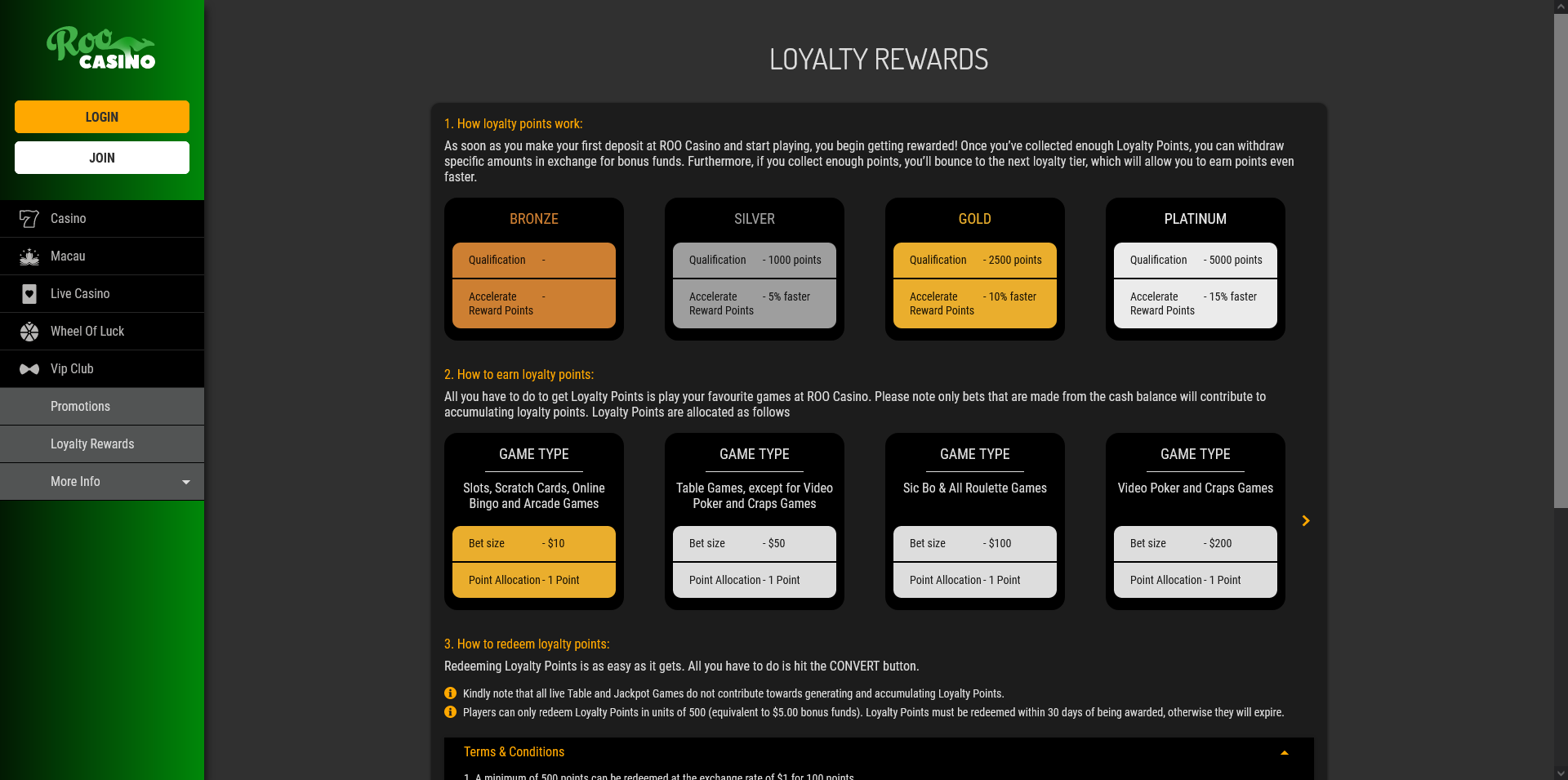 Screenshot of the Roo Casino Loyalty rewards page