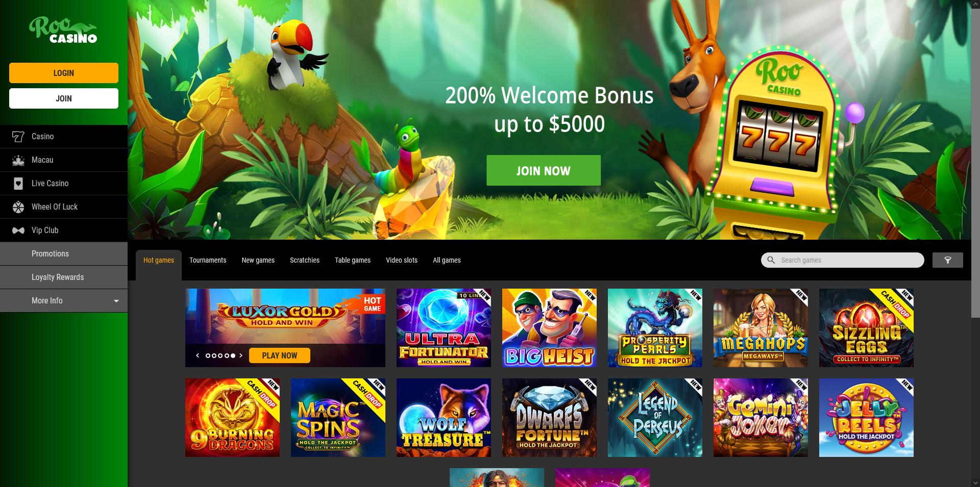 Screenshot of the Roo Casino home page