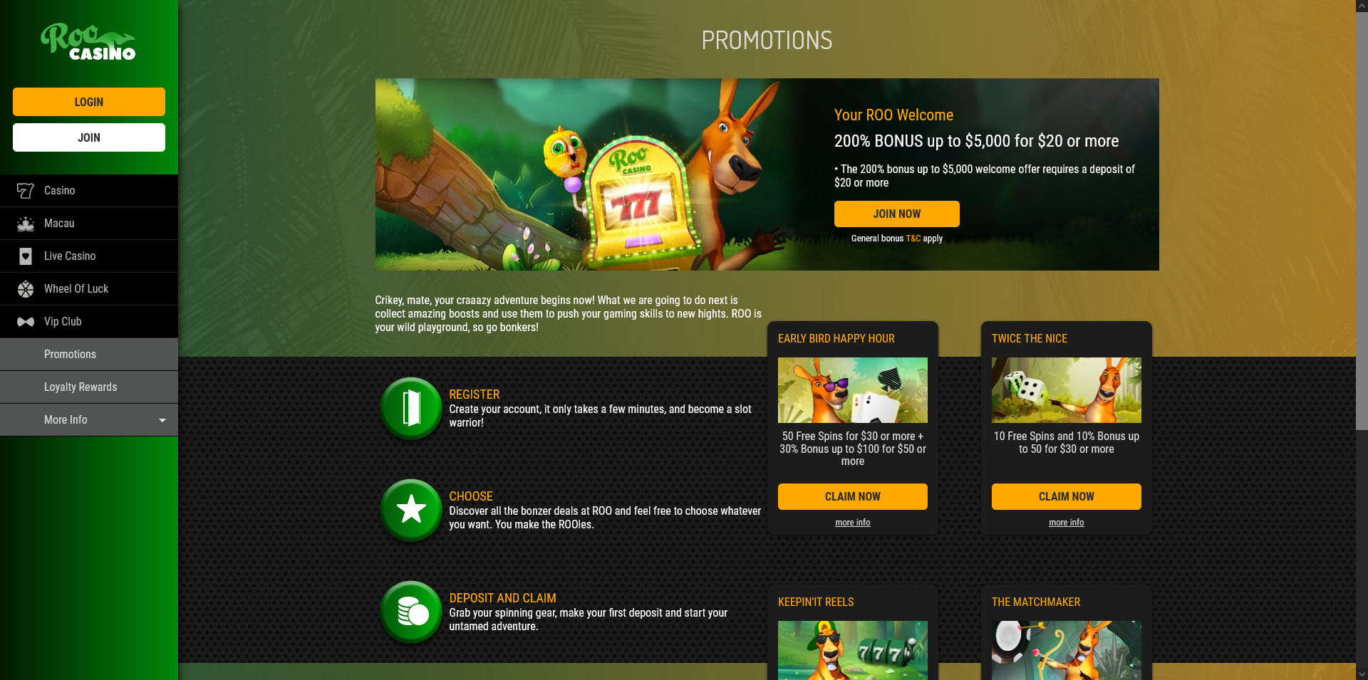 Screenshot of the Roo Casino promotions page