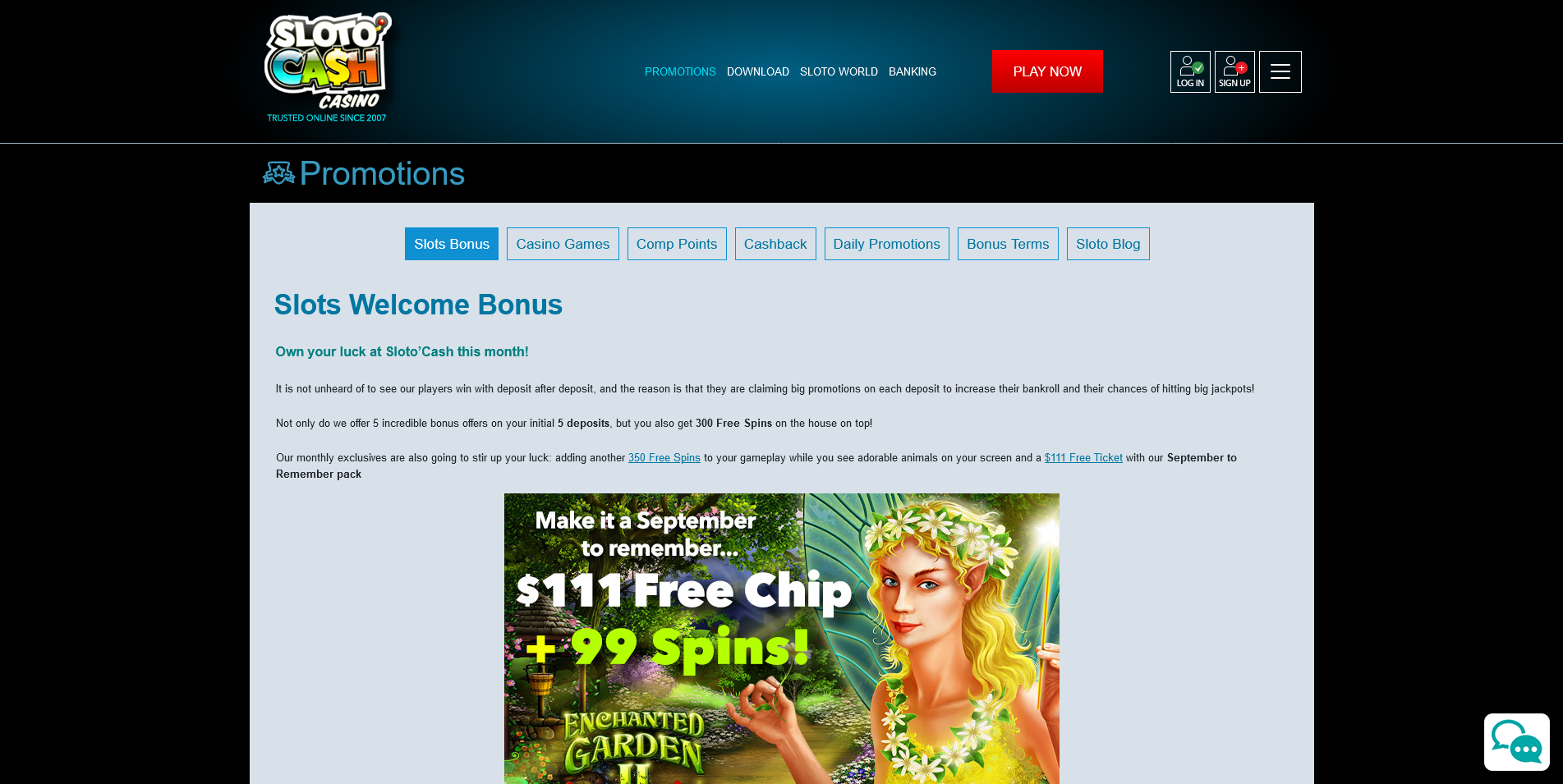 Screenshot of the SlotoCash Casino promotions page