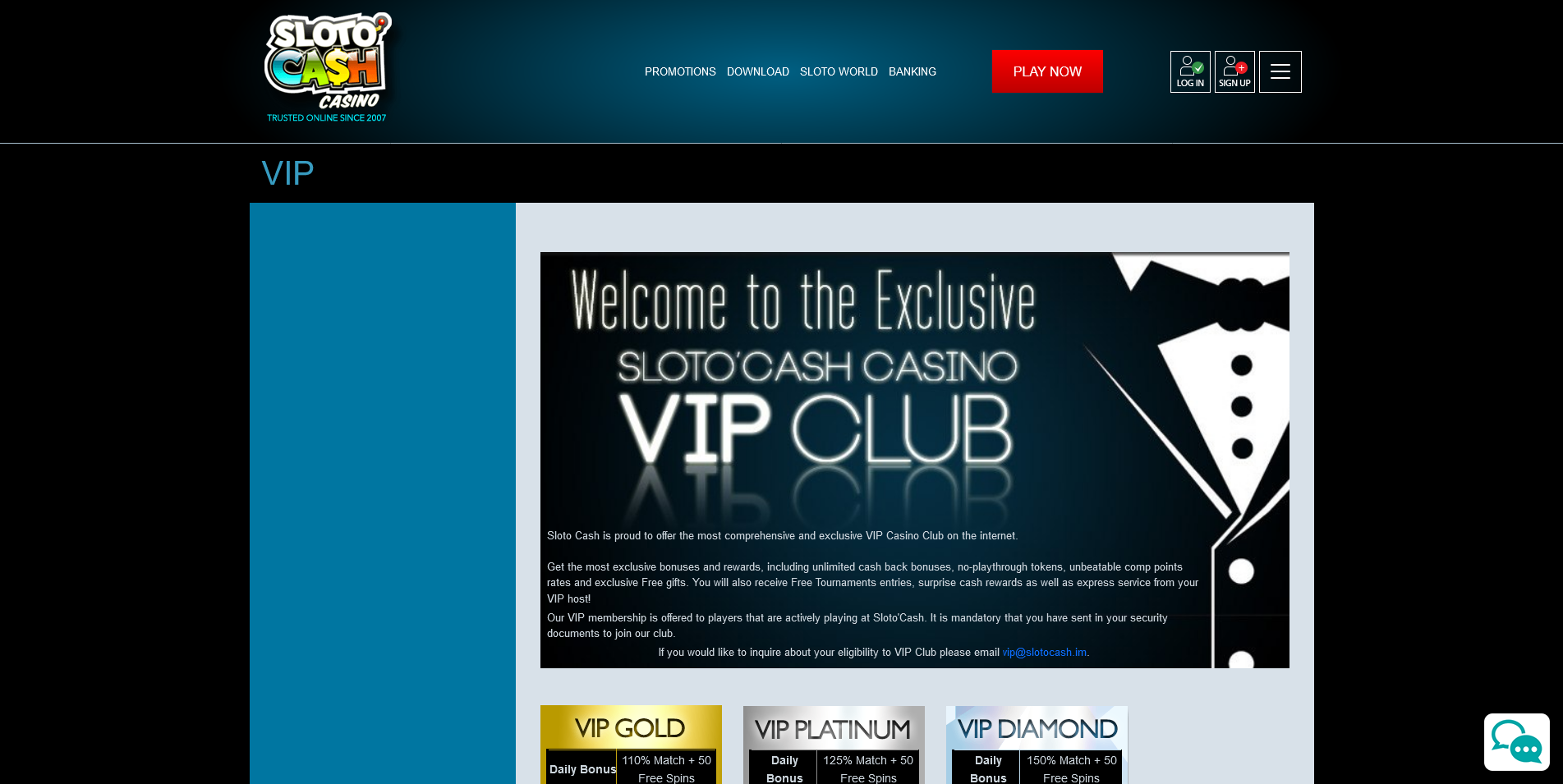 Screenshot of the SlotoCash Casino Vip Info Page