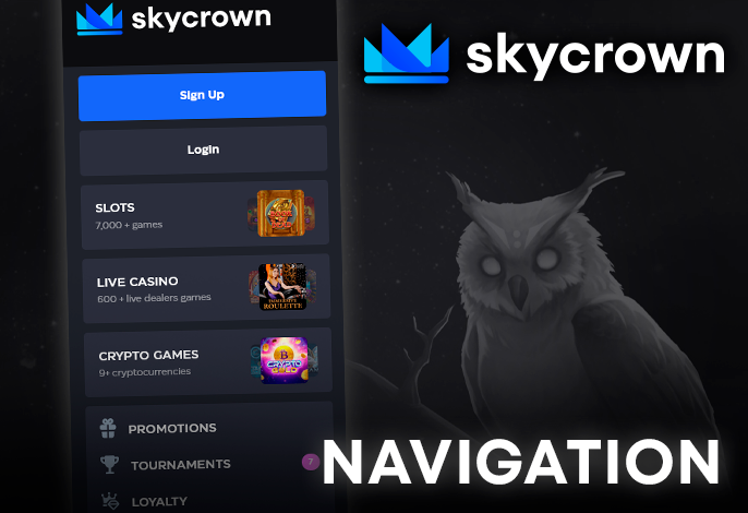Main site menu at SkyCrown Casino with registration and login buttons