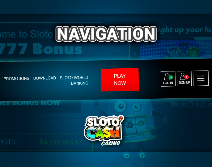 Slotocash casino site navigation menu - links, registration and login buttons