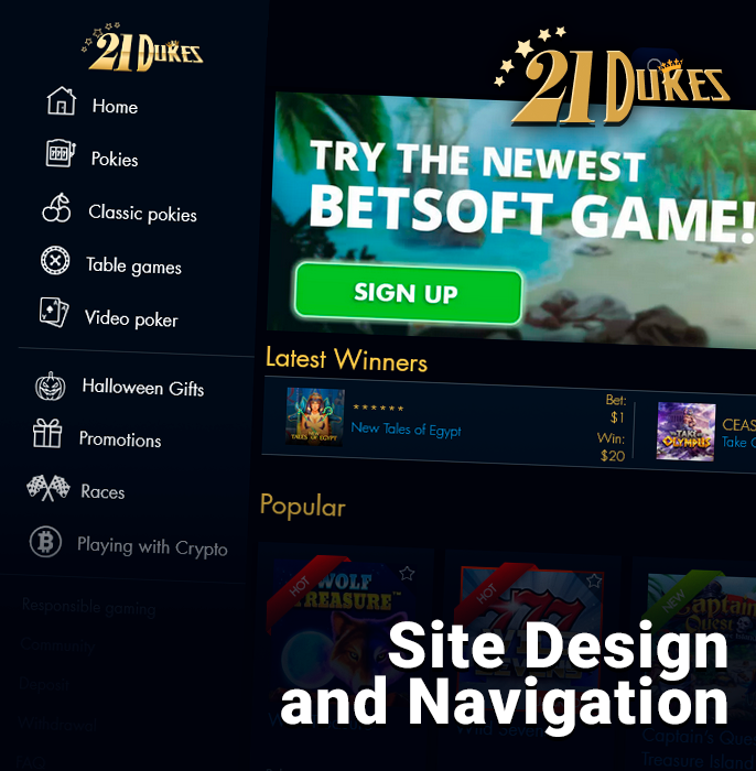 21Dukes Casino website design - main menu with navigation and gambling sections