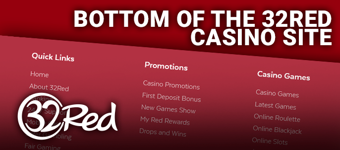 The lower part of the 32Red Casino website with important links and information