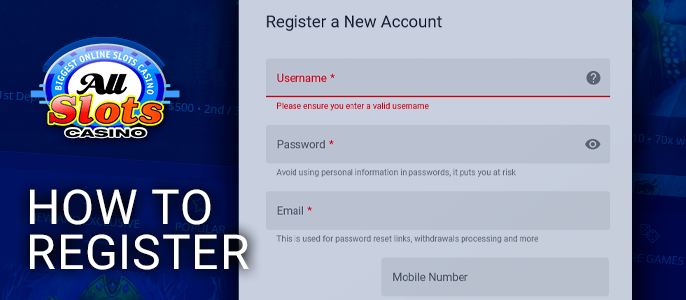 All Slots Casino registration form - step by step instructions